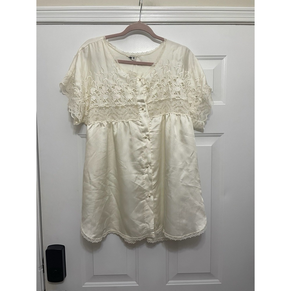 VTG Christian Miss Dior Lingerie Ivory Satin Short Sleeve Pajama Top Size M to L